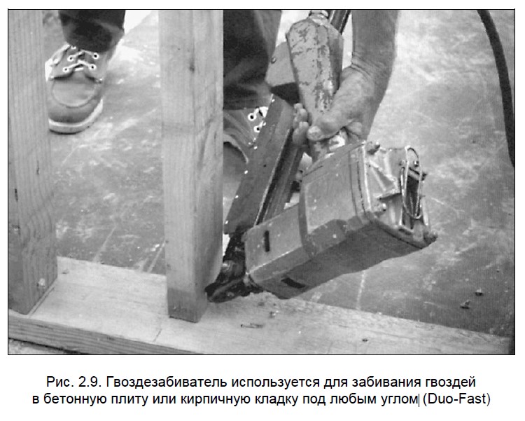 Гвоздезабиватель используется для забивания гвоздей в бетонную плиту или кирпичную кладку каркасного дома под любым углом 