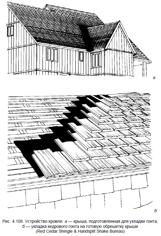 Устройство кровли каркасного дома: а — крыша, подготовленная для укладки гонта; б — укладка кедрового гонта на готовую обрешетку крыши